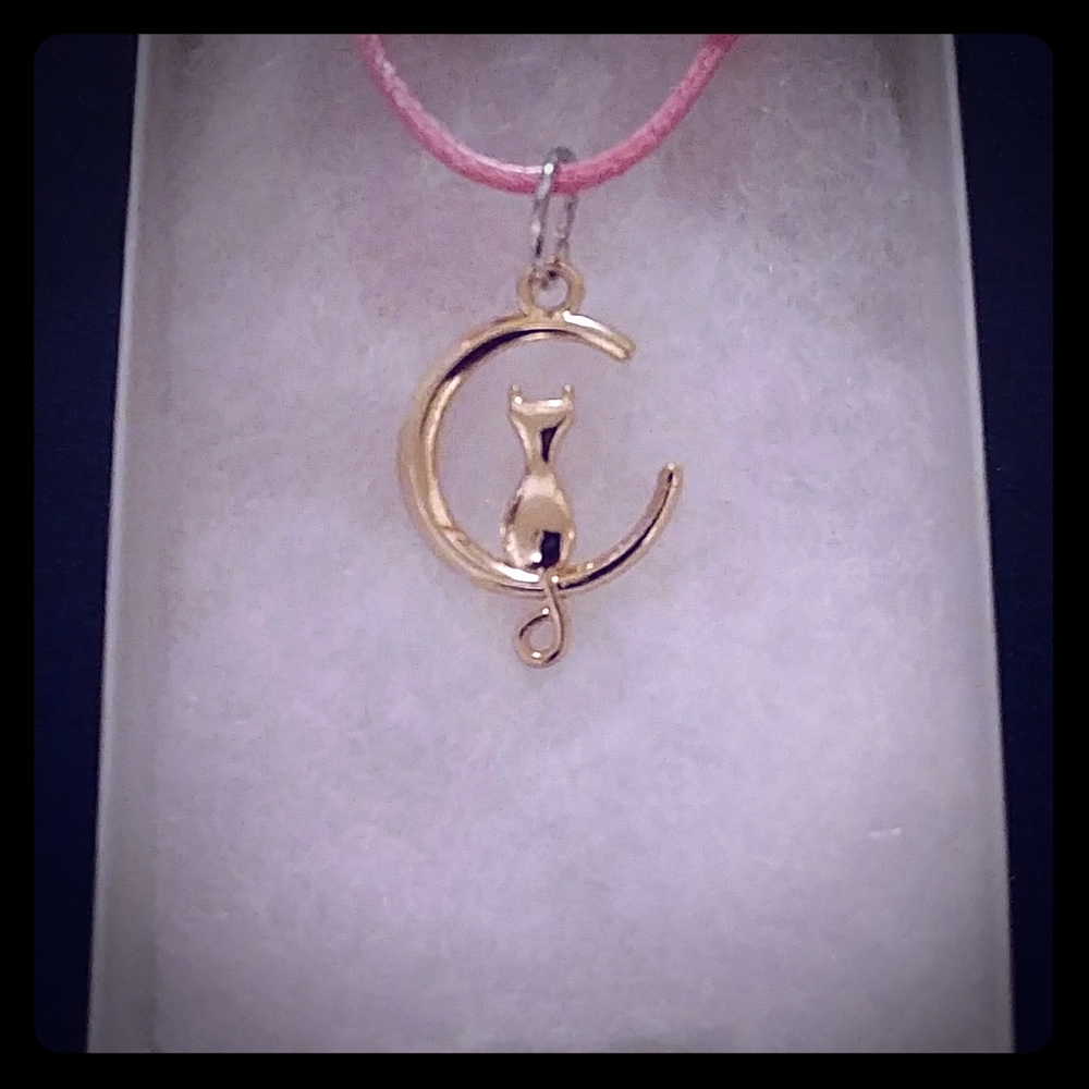 Gold Cat In Moon Necklace